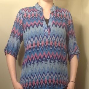 Blue and Pink Chevron Print 3/4 Sleeve Blouse